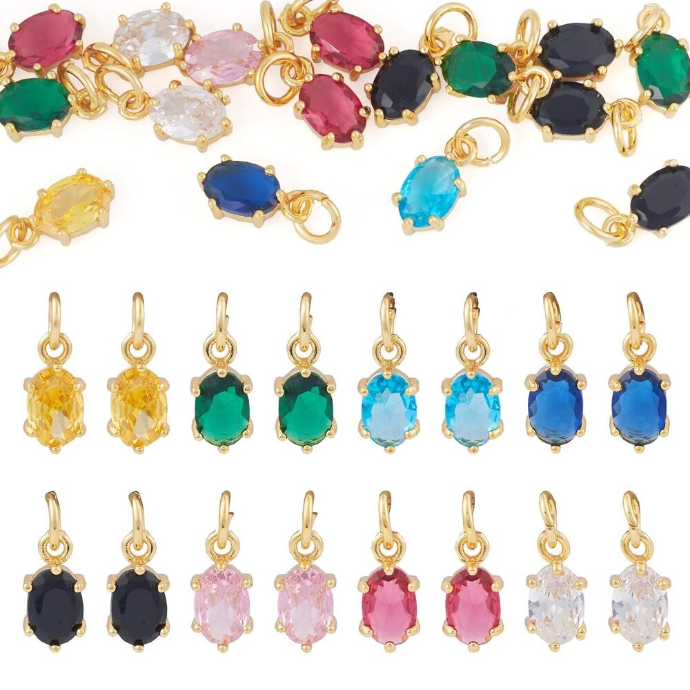 1131 16Pcs Cubic Zirconia Oval Keychain Charms 18K Gold Plated Tiny Brass